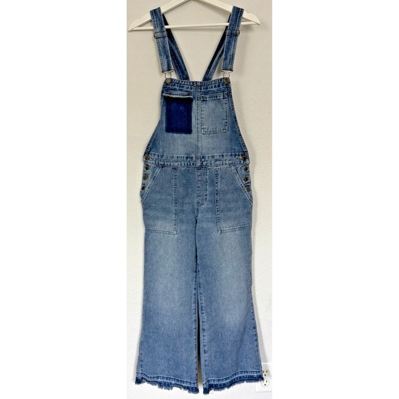 Forever 21 Overalls Size 26 Denim Blue Cropped Wide‎ Leg Distressed Raw Hem - Picture 1 of 16